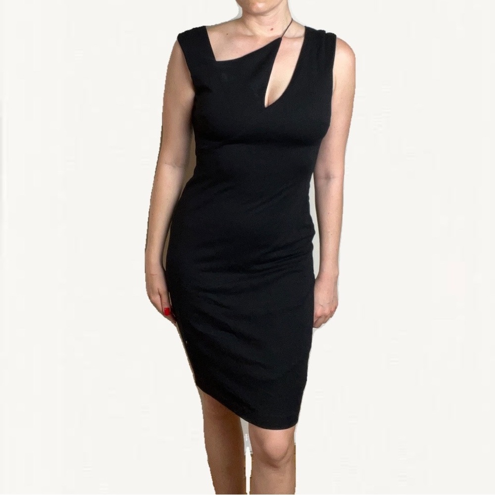 Bailey 44 LBD black midi dress, asymmetrical top, sz S